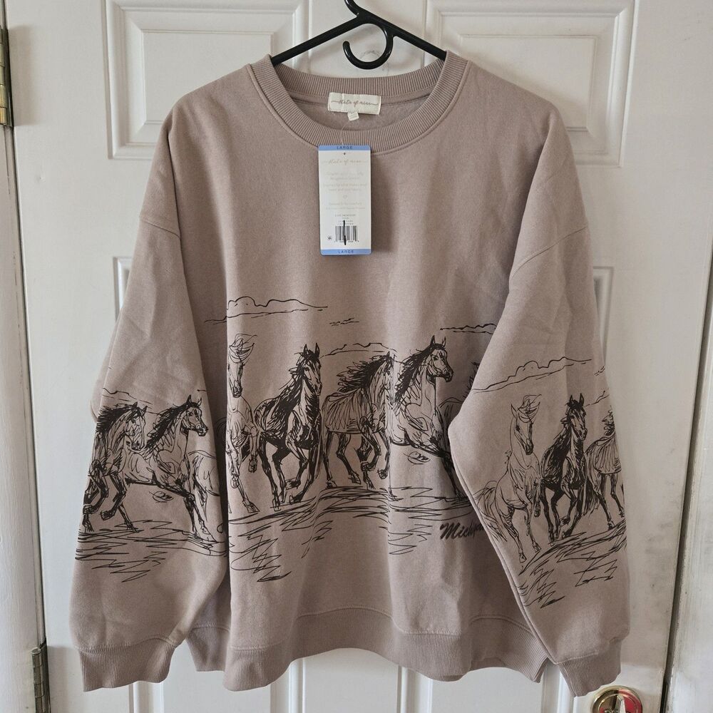 State of Mine Michigan Horse Graphic Sweatshirt Womens XL Beige Western NWT